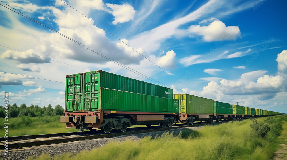 Obraz premium Green Container train on railway, Transportation and logistic.