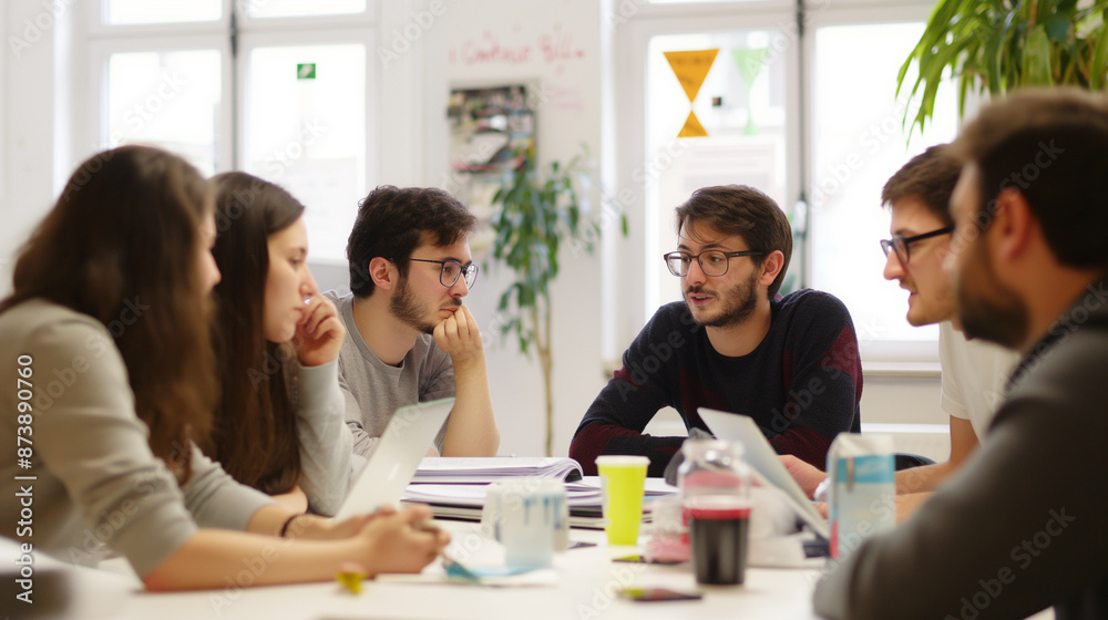Group of start up are meeting and discussing the project in white office. Group of start up are meeting and discussing the project in white office.
