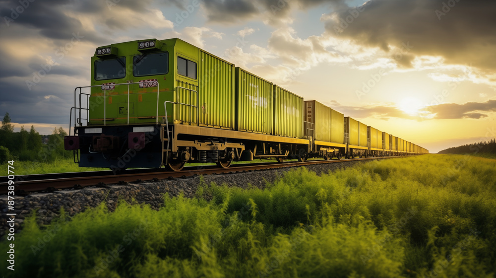 Obraz premium Green Container train on railway, Transportation and logistic.