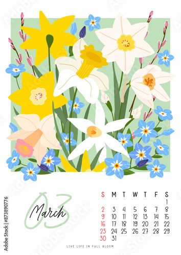 Vertical page calendar for January 2025 with cute spring daffodil, pussy willow and myosotis flowers and leaves. Week starts on Sunday. Vector illustration flat cartoon style