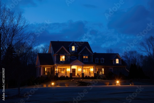 Huge House in American Suburbs. Expensive Real Estate Property with Big Yard and Night Lights © Popelniushka