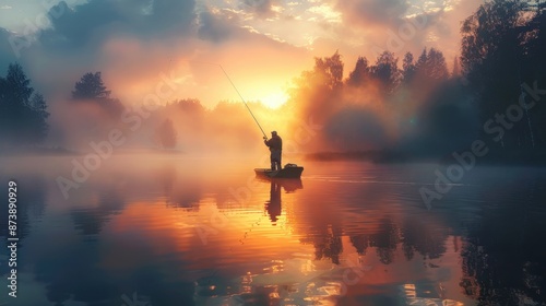 A serene dawn fishing scene with vibrant colors, featuring a lone fisherman in a misty fog on a calm lake, casting a line. © Aquarii