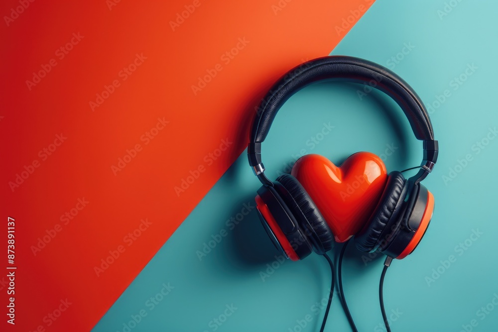 Love Song. Decorative Heart and Modern Headphones on Colorful Background Love Song. Decorative Heart and Modern Headphones on Colorful Background