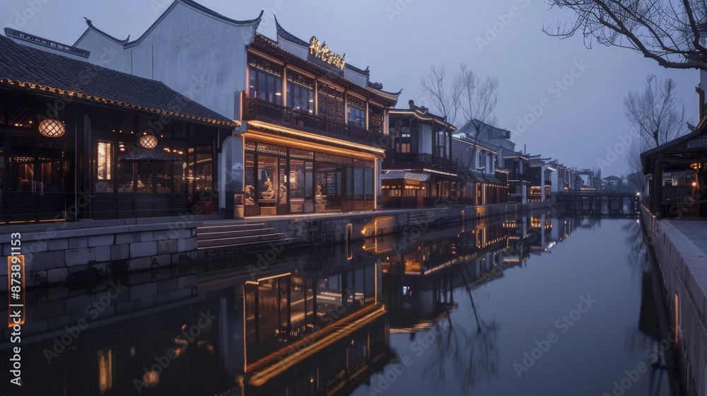 Fototapeta premium The renovation of the Huizhou-style architecture on the canal side transforms the exterior of the existing building into Huizhou-style features, including horse-head walls, flying eaves and corners, c