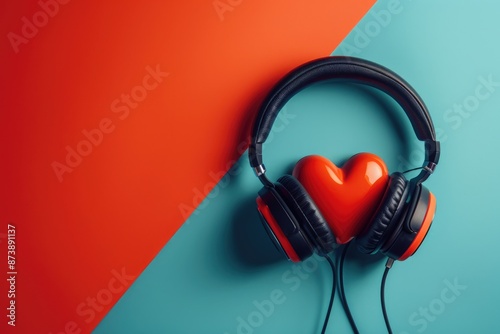 Love Song. Decorative Heart and Modern Headphones on Colorful Background