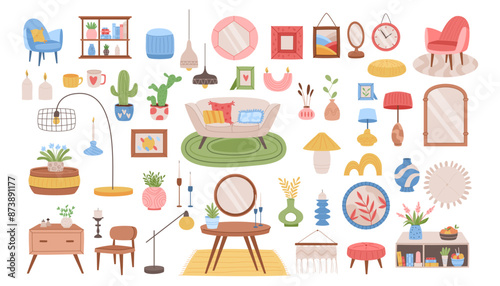 Interior decor. Home furniture. Armchair and light lamp. Decoration frame. Modern table and couch. Apartment cozy design. Room plants. Vase and candles. Vector garish house furnishing elements set