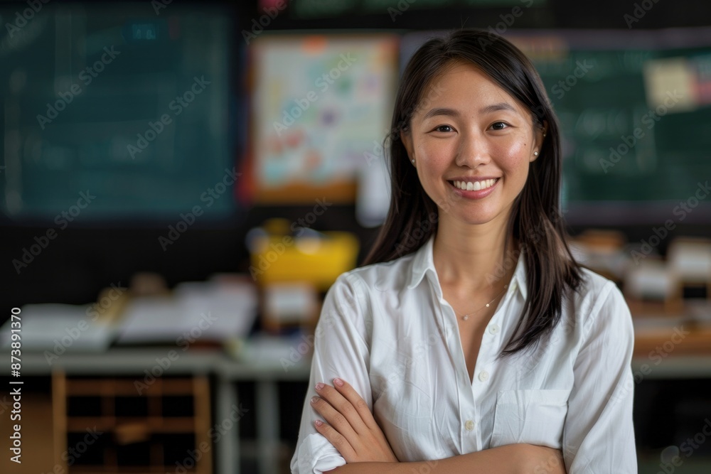 Portrait of a smiling young asian female teacher in classroom Portrait of a smiling young asian female teacher in classroom
