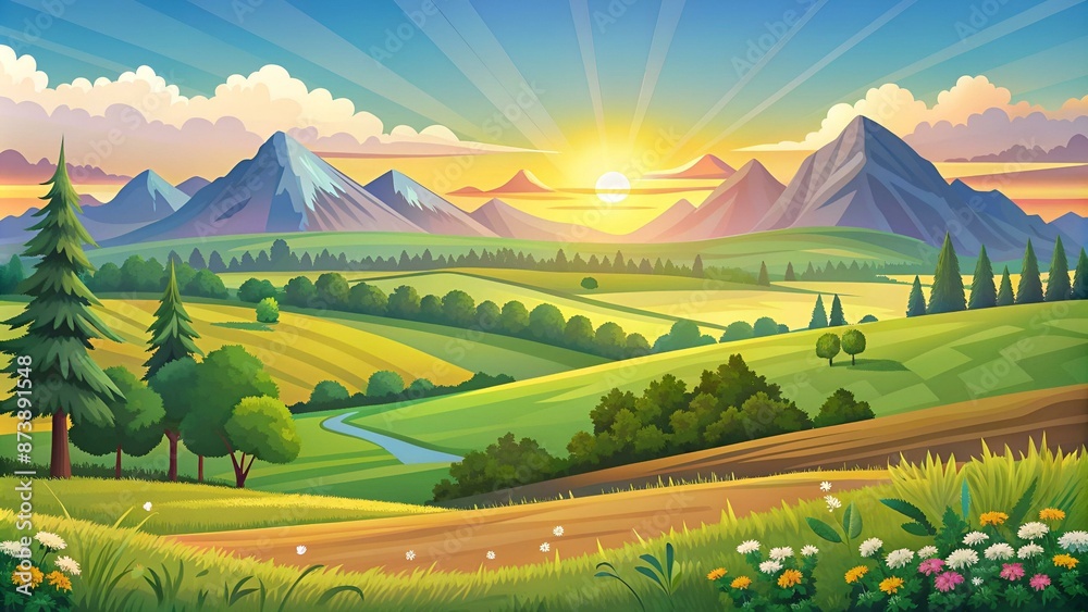 © Alon - Vector coloring illustration of beautiful summer fields landscape with a dawn, mountian hills, sky, country background in flat cartoon style banner. Sketch style