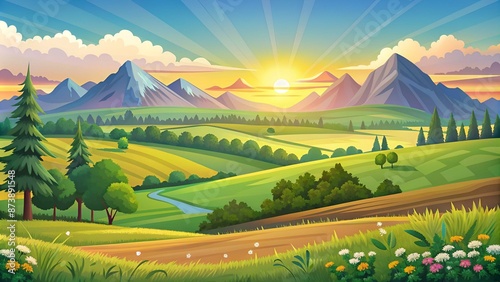 Vector coloring illustration of beautiful summer fields landscape with a dawn, mountian hills, sky, country background in flat cartoon style banner. Sketch style