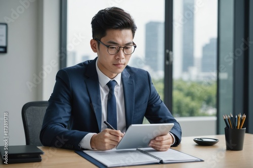 Portrait of Confindent Young asian businessman using digital tablet at desk photo