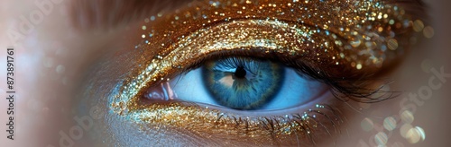 Close Up of a Womans Blue Eye With Gold Glitter Makeup