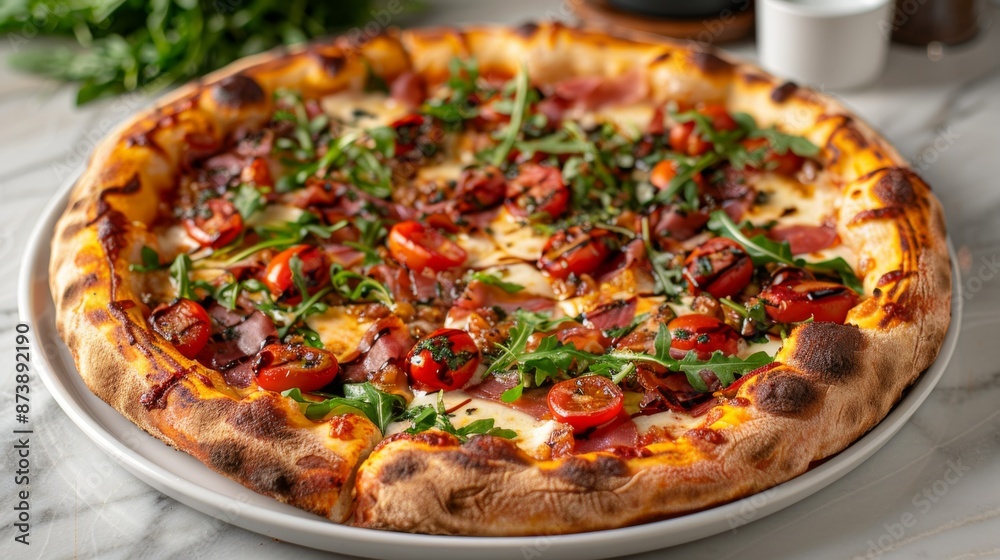 Gourmet Toppings Pizza: A top-down view of a pizza topped with gourmet ingredients like arugula, prosciutto, cherry tomatoes, and balsamic glaze, arranged on a marble countertop. Gourmet Toppings Pizza: A top-down view of a pizza topped with gourmet ingredients like arugula, prosciutto, cherry tomatoes, and balsamic glaze, arranged on a marble countertop.