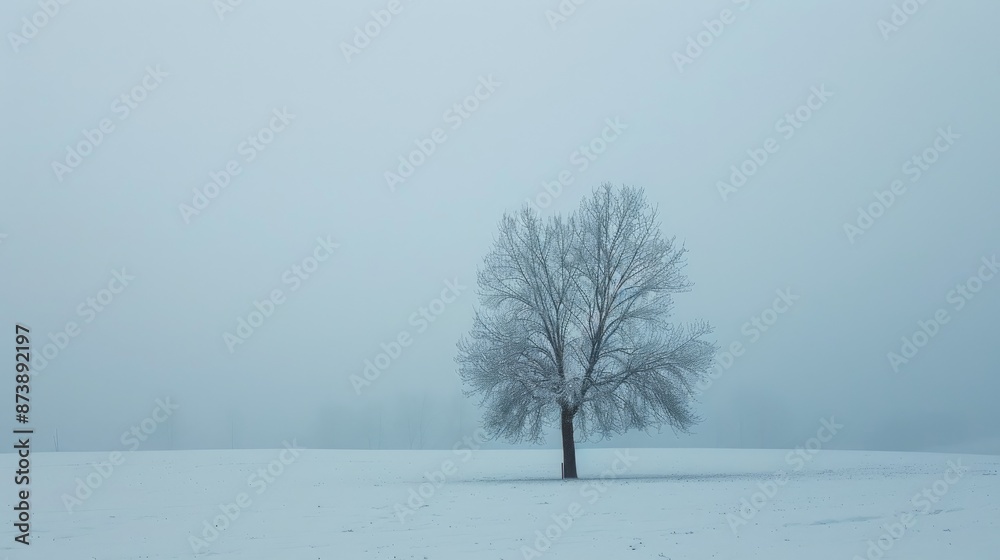 Fototapeta premium Single tree in snow covered field under foggy sky