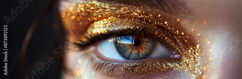 Close Up of a Womans Blue Eye With Gold Glitter Makeup