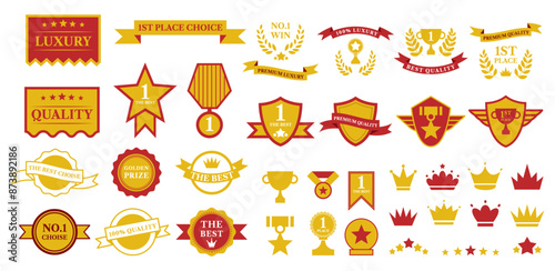 Seal emblem award set. Red ribbon, quality label, winner premium certificate isolated stamp or badge. Circle medal best guarantee. Sticker collection. Laurel icon trophy, vector gold garish frame