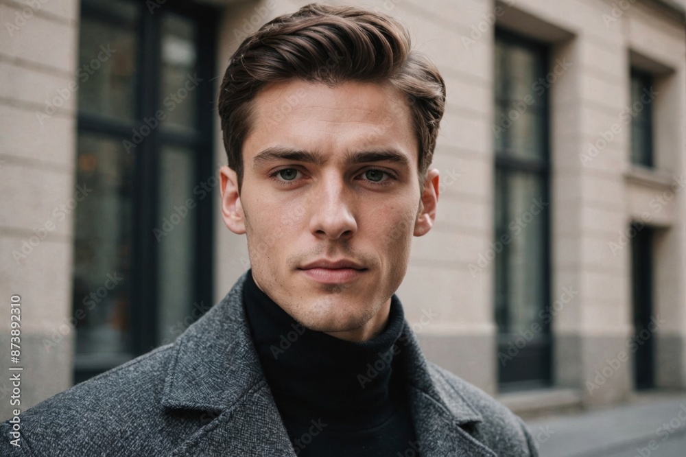 Portrait of stylish young man wearing black turtleneck pullover and grey coat Portrait of stylish young man wearing black turtleneck pullover and grey coat