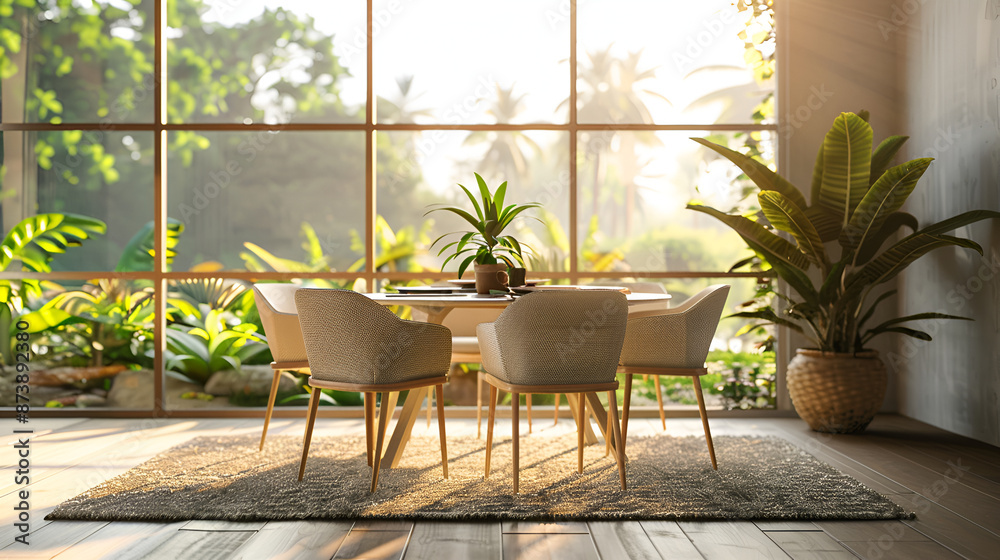 Interior of modern dining room with wooden walls, long wooden table with white chairs and green plants,A modern office with a large window and a table with chairs and a plant, Empty modern bright
Interior of modern dining room with wooden walls, long wooden table with white chairs and green plants,A modern office with a large window and a table with chairs and a plant, Empty modern bright