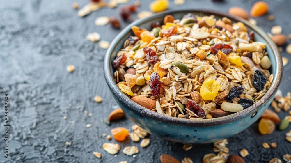 Breakfast yogurt bowl with granola, blueberries and maple syrup, gray background, top view, copy space. Healthy food concept. Breakfast yogurt bowl with granola, blueberries and maple syrup, gray background, top view, copy space. Healthy food concept.