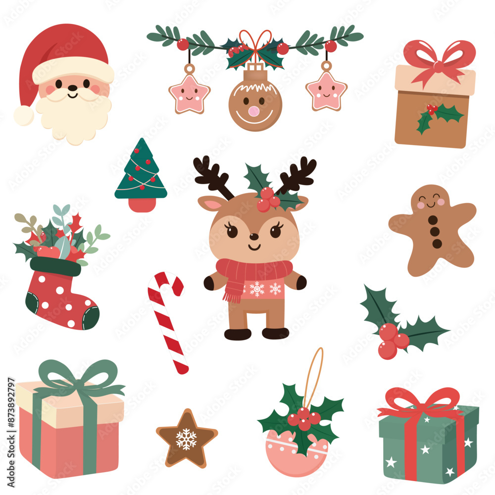 Fototapeta premium Christmas collection of pretty decorative elements design for celebration in happy time. Vector illustration.