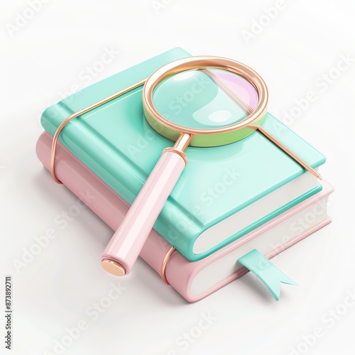 A detailed 3D rendering of a pastel science book with a magnifying glass, isolated on white background