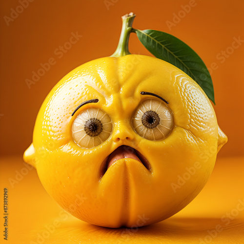 Lemon fruit with an scared human face, against an orange background