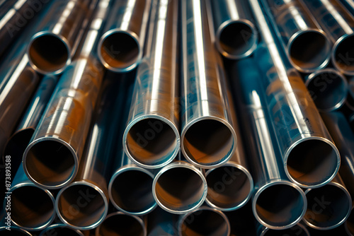 Large piles of steel pipes and tubes, showing off the reflective metal and circular shapes. round stainless tube .High quality steel pipe or aluminum in stack waiting for shipment in warehouse,