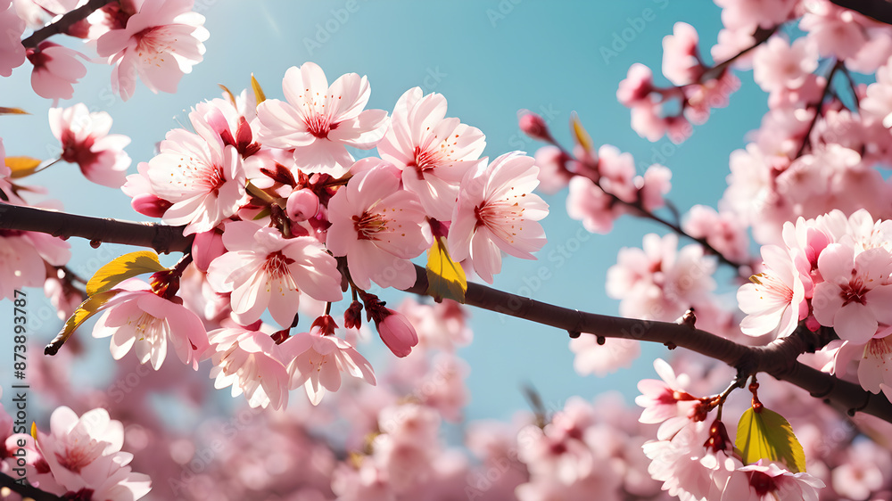 Obraz premium Horizontal banner with sakura flowers of pink color on sunny backdrop. Beautiful nature spring background with a branch of blooming sakura. Space for Text. Generative AI