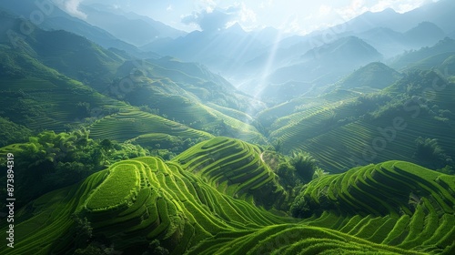A purely green scene of the Yuanyang Rice Terraces in Yunnan, with bright sunlight