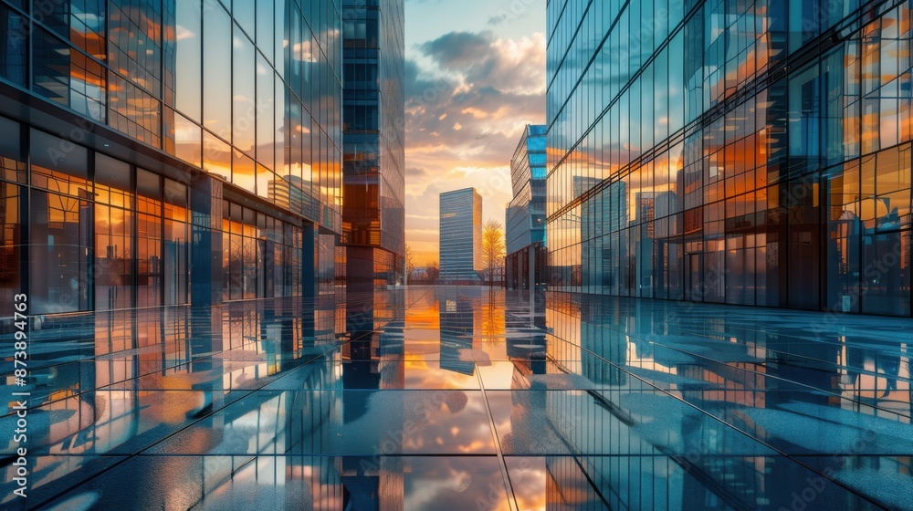 A cityscape with a large glass building in the foreground and a reflection of the sky in the water A cityscape with a large glass building in the foreground and a reflection of the sky in the water
