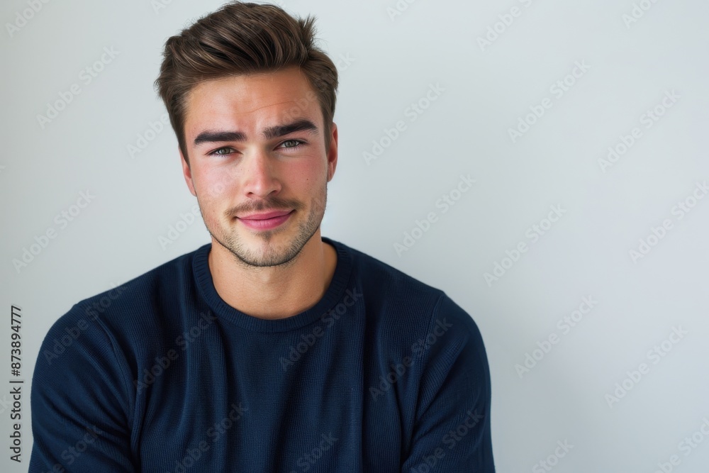 Fototapeta premium A man with a beard and a smile is wearing a blue sweater. He is posing for a picture