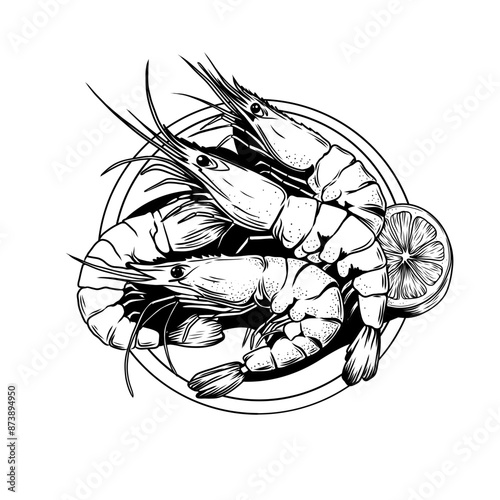 Large shrimps with slice of lemon on dish. Hand drawn prawns sketch. Retro engraving for menu of fish restaurants, packaging, shrimps farm, fish market and stores. Vector vintage illustration.