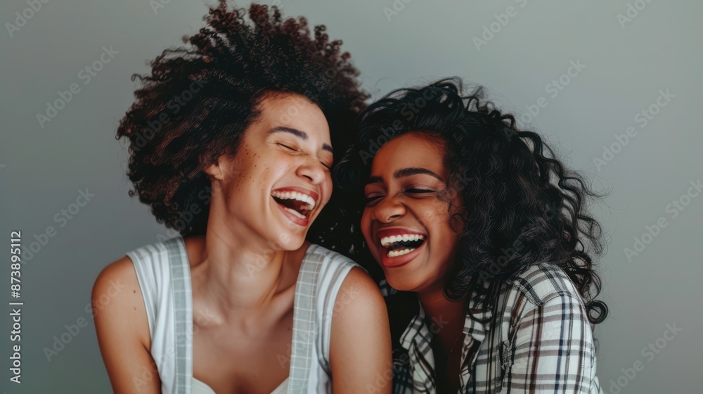 Two women with curly hair are laughing and smiling at the camera. Scene is happy and lighthearted Two women with curly hair are laughing and smiling at the camera. Scene is happy and lighthearted