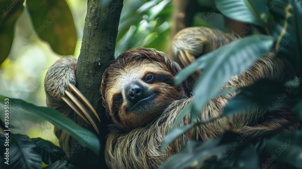 Lazy Sloth Resting on a Tropical Tree in Costa Rican Jungle Lazy Sloth Resting on a Tropical Tree in Costa Rican Jungle