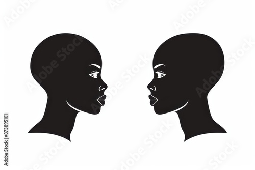 Two black faces are shown side by side. The faces are identical, but one is slightly larger than the other. Concept of symmetry and balance, as the two faces are mirror images of each other © Bambalino Studio