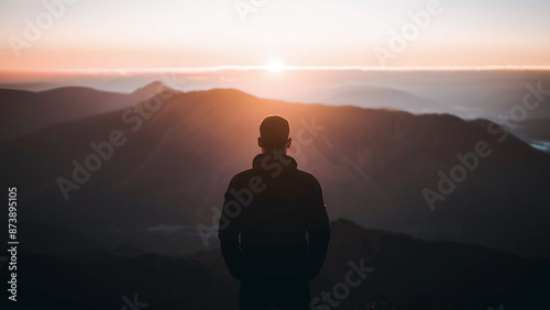 A silhouette of a man standing on a mountain peak, enjoying the sunrise and embracing the beauty of nature, symbolizing goals, hopes, and aspirations. 