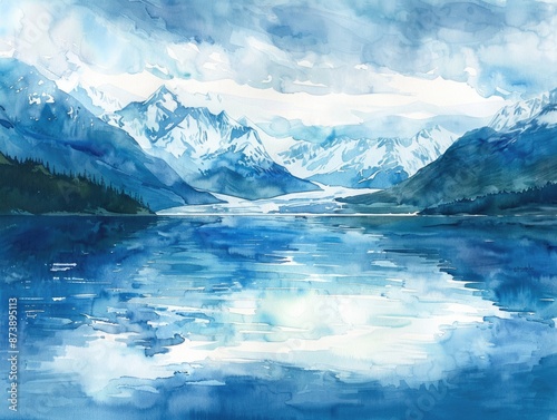 Lake Watercolor. Artistic Watercolor Painting of Snow Covered Mountains and Lake