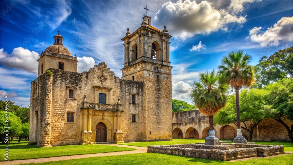 Fototapeta premium Historic Spanish colonial mission-turned-battlefield monument stands proudly under serene Texas sky, surrounded by lush greenery and ornate stone walls.