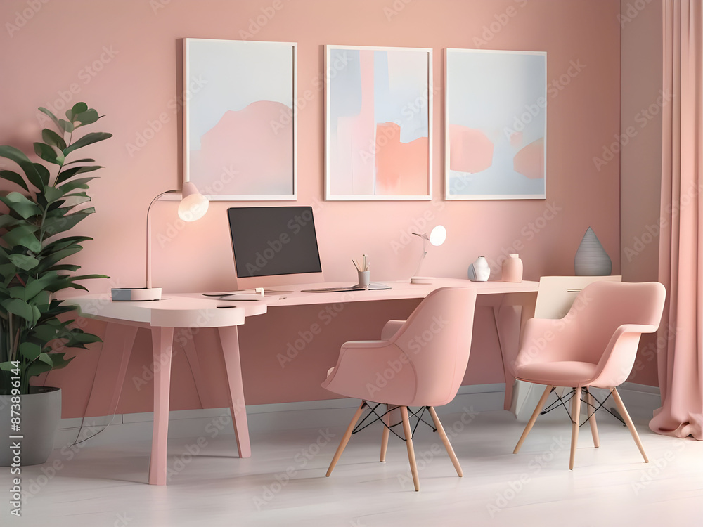 Fototapeta premium Workplace in peach fuzz 2024 color trend furniture. Painted gray walls and rich furniture - chairs and table with lamp. Pastel painting background. Large home office or coworking center. 3d render
