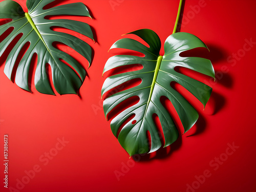 Wallpaper Mural Photo of a monstera leaf on a red background Torontodigital.ca