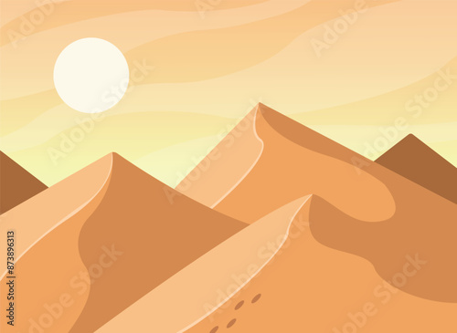 Desert landscape with dunes and sun. Vector illustration in flat style.