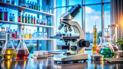 Macroscopic view of a microscope on a desk surrounded by various scientific instruments and Petri dishes in a laboratory setting.