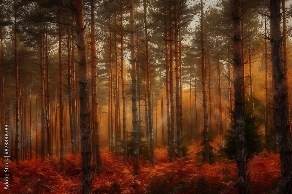 Obraz premium Pine trees on a moody fall landscape with red and orande colors