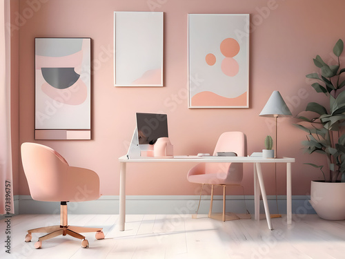 Workplace in peach fuzz 2024 color trend furniture. Painted gray walls and rich furniture - chairs and table with lamp. Pastel painting background. Large home office or coworking center. 3d render