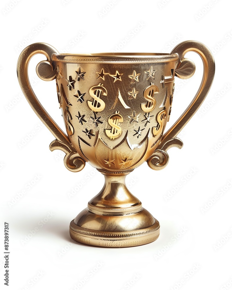Graphic illustration of a gold trophy cup with dollar signs engraved, symbolizing financial victory Graphic illustration of a gold trophy cup with dollar signs engraved, symbolizing financial victory