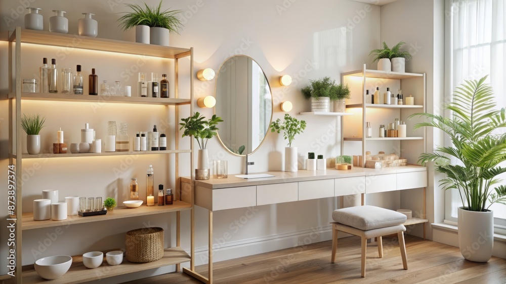 A serene, minimalist beauty studio setup featuring a neatly arranged vanity with skincare products and a jar of moisturizing cream. A serene, minimalist beauty studio setup featuring a neatly arranged vanity with skincare products and a jar of moisturizing cream.