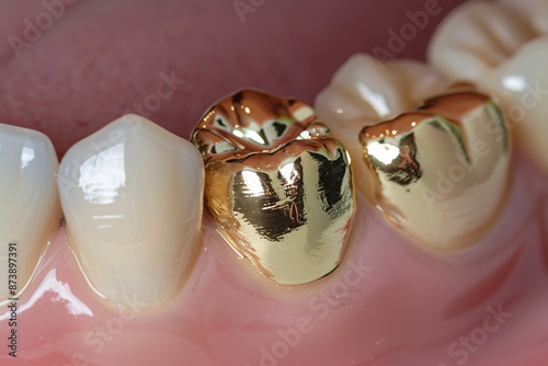 Obraz na płótnie Dental gold fillings used to fill cavities on tooth