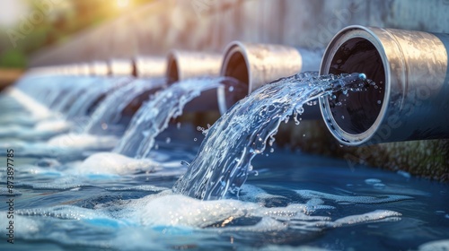 Water pipe in water field, discharge. Clear Water flowing from a pipe, closeup