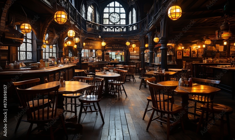 Dimly Lit Restaurant With Wooden Tables and Chairs Dimly Lit Restaurant With Wooden Tables and Chairs