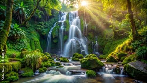 Vibrant Atlantic Forest waterfall cascades down moss-covered rocks, illuminated by warm sunlight filtering through lush green tropical foliage.