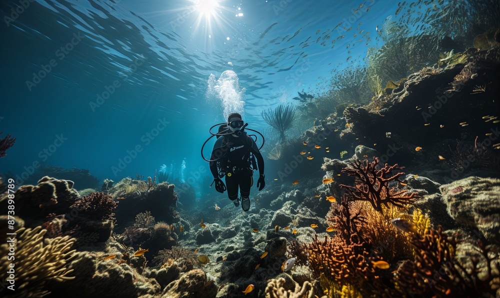 Scuba Diver Swimming in Ocean Scuba Diver Swimming in Ocean